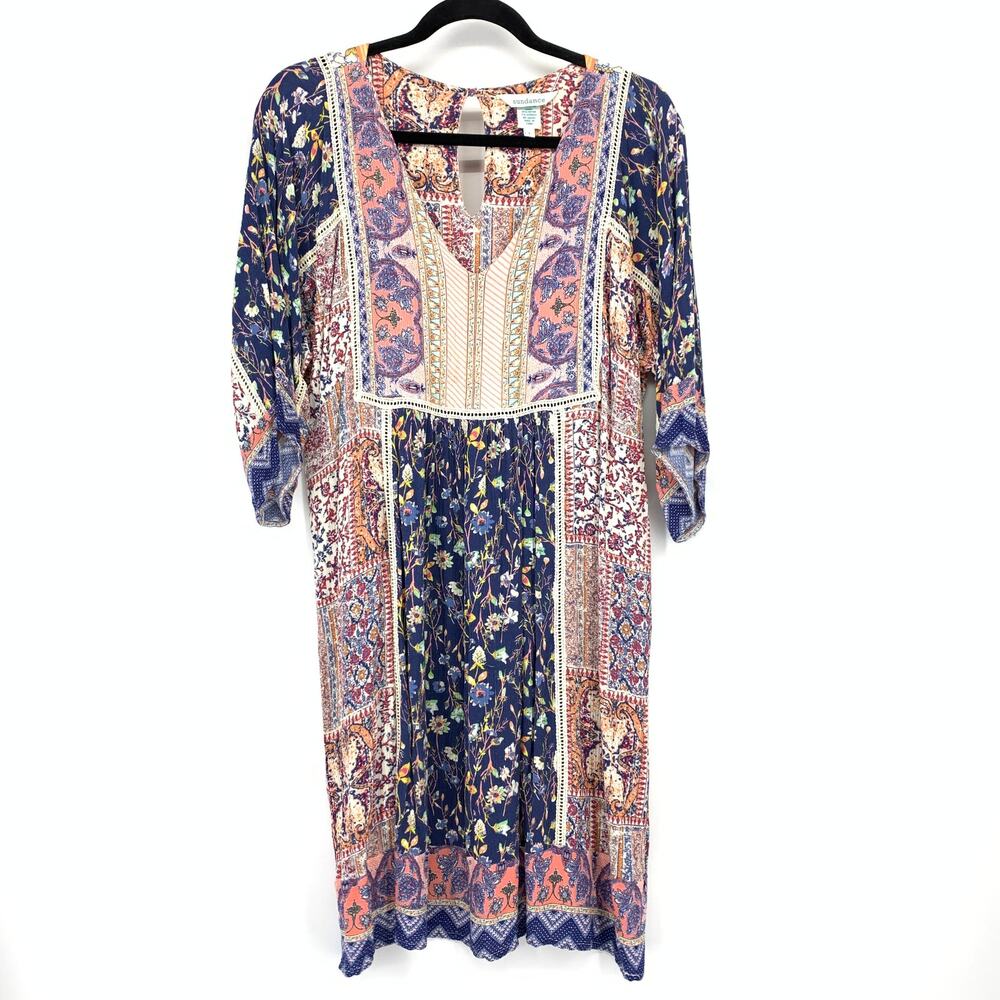 Sundance Tunic Mini Dress 3/4 Sleeve Womens L V-Neck Patchwork Multicolor Print
